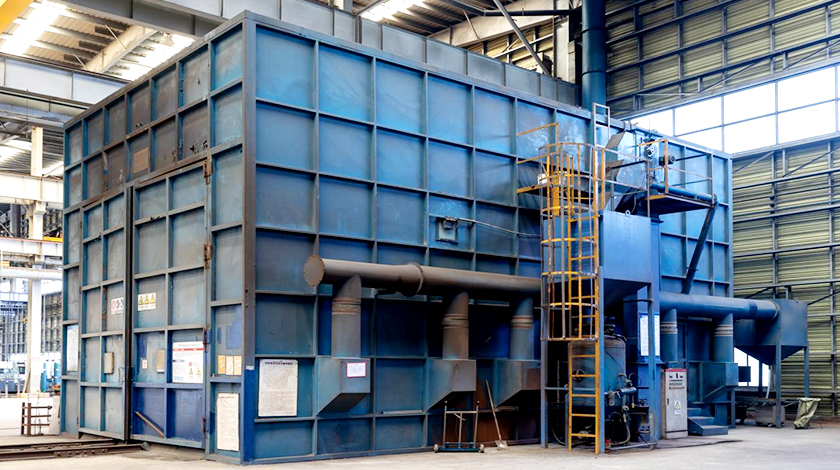 Closed shot blasting workshop with advanced ventilation system. Environmental protection, professionalism, and high quality.